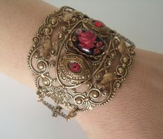 Rose Cuff Bracelet Victorian Jewelry Gothic Art Nouveau Renaissance Edwardian Art Deco Bracelet Victorian Bracelet Wedding Gift for Her - Etsy Adjustable Bronze Bracelets For Formal Occasions, Victorian Jewelry Bracelet With Jewels, Vintage Rose Gold Jewelry With Intricate Design, Ornate Rose Gold Filigree Jewelry, Ornate Rose Gold Jewelry With Intricate Design, Victorian Style Metal Jewelry With Jewels, Antique Rose Gold Bracelets For Formal Occasions, Ornate Metal Jewelry For Wedding, Elegant Antique Gold Brass Cuff Bracelet