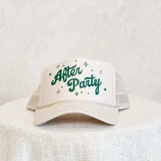 Support your betrothed bestie with our 'After Party' trucker hat! Designed with wedding party festivities in mind we created a neutral, classy, yet oh so fun trucker hat to wear in the pool, at brunch, on the dance floor or wherever the shenaningans might take you! The best part about this hat is you can wear it long after the wedding ceremony, hopefully to the After Party ;) Don't forget to check out our 'Happily Ever' hat for the bestie to be! 100% polyester One size fits most Made in Myanmar On The Dance Floor, Wedding Hats, In The Pool, After Party, The Dance, Dance Floor, The Pool, Trucker Hats, Myanmar