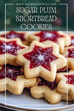 sugar plum shortbread cookies on a white plate