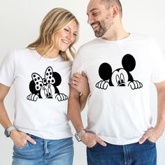 ** KEY FEATURES Mickey And Minnie Couple Shirts, Mickey and Minnie Matching Shirts,Peeking Mickey,Peeking Minnie,Mickey Shirt For Men,Minnie Shirt For Women ** ABOUT US: If you are you looking for a customized comfy, soft and lovely apparels\ welcome our store !! For your questions, please feel free to message. We will get back to you asap.  ** HOW TO ORDER: You can easily place an order! Dont forget to check the color, size and description of this listing. - Choose the size and color from the f White Family Matching T-shirt With Mickey Mouse, Family Matching Mickey Mouse Crew Neck T-shirt, Family Matching Mickey Mouse Cotton Tops, Casual Minnie Mouse Crew Neck Shirt, Casual Crew Neck Minnie Mouse Shirt, Cute White Mickey Mouse Shirt, White Mickey Mouse Crew Neck Shirt, Minnie Shirt, Mickey Shirt