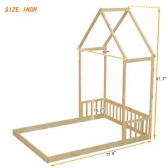 a wooden dollhouse bed with measurements for the top and bottom part, including the roof