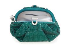 Make them green with envy with our Gemma crystal clutch. Our gathered evening bag is decked out in beautiful emerald colored crystals for a stunning look made for special moments. A removable chain strap in a mix of deco-inspired crystals enhances this go-to style. split  Crystal adorned classic handbag  Magnetic frame closure  Italian satin lining  Silver toned metal hardware   Double large oval link chain with top pave links  Judith Leiber Couture Nameplate Imported Dimensions: 9.5"L x 4.75"H x 4.5"D Chain length: 12" / Handle drop 6"  Style Number H242000 Judith Leiber Couture, Magnetic Frame, Magnetic Frames, Crystal Clutch, Green With Envy, Classic Handbags, Judith Leiber, Color Crystal, Chain Strap