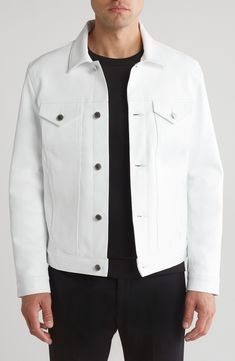 Make a clean, striking statement with this bright-white leather jacket in a casual-cool trucker profile. 26" length (size Medium) Front button closure Spread collar Button cuffs Chest button-flap patch pockets; front welt pockets Lined Leather Professional leather clean Made in the USA Classic Collared Leather Jacket With Button Closure, Casual Leather Jacket With Button Cuffs And Lapel Collar, Classic Everyday Denim Jacket, White Outerwear With Lapel Collar And Button Closure, White Lapel Collar Outerwear With Button Closure, White Button-up Outerwear With Snap Buttons, White Collared Outerwear With Button Closure, Modern White Outerwear For Fall, Modern Leather Jacket With Lapel Collar And Button Closure