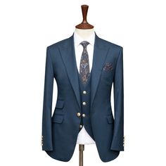 Package Includes: 1 x Jacket - 1 x Waistcoat - 1 x Pant
You can purchase the bespoke blue suit now or customize it to your exact preferences and measurements below. Our digital tailoring team will work closely with you to guarantee the perfect fit and design.


 	Fabric: 140s
 	Lining Fabric: Silk
 	Pattern: Solid
 	Construction: Half Canvas
 	Seasonality: All Season
 	Jacket: Peak Lapel,  2 Flap Pockets, 1 Ticket Pocket Single Button Closure
 	Waistcoat: V- Shape With 4 Texture Brass Buttons Blue Three-piece Suit With Long Sleeves, Blue Three-piece Suit With Single Button, Bespoke Blue Three-piece Suit, Custom Fit Blazer With Notch Lapel For Tailoring, Bespoke Blue Blazer With Suit Collar, Custom Fit Notch Lapel Blazer For Tailoring, Bespoke Blue Blazer For Work, Bespoke Single Breasted Custom Fit Blazer, Bespoke Blue Blazer For Business