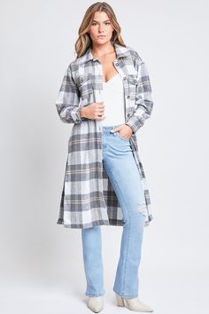 Duster Grey Plaid Spring Plaid Shacket With Pockets, Plaid Shacket With Pockets For Spring, Spring Plaid Outerwear With Buttoned Pockets, Plaid Outerwear With Buttoned Pockets For Spring, Spring Button-up Shacket For Layering, Long Sleeve Shacket With Buttoned Pockets, Long Sleeve Shacket With Buttoned Pockets For Day Out, Spring Plaid Shacket With Button Closure, Plaid Shacket For Spring Workwear