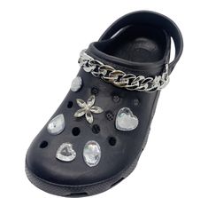 ✔️All size crocs for Adult ✔️Selling chain & flower charm Only ❤️Description❤️ 2pcs set chain + diamonds 12pcs Total 14 pcs charms for all Crocs, regardless of adult or child size! (Able to adjust of length.) The chain can adjust its length. Remove the cracks in the chain rings against each other. It is a chain that can adjust the length as desired. 🌈It is easy to separate the cracks in the chain. Material: the chains are made of CCB Plastic, lightweight, durable, easy to clean. Make the pl Trendy Silver Shoe Charms For Gifts, Casual Silver Shoe Charms For Gift, Casual Silver Shoe Charms As Gift, Charms For Crocs, Diamond Shoes, Chain Rings, Shoe Clips, Shoe Charms, Flower Charm