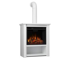 an electric fireplace with a white chimney and flames on the side, in front of a white background