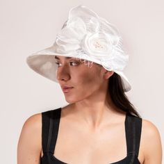 Details Crown Circumference : 23" Crown Height : 4.5" Brim Height : 3" Elegant White High Crown Mini Hat, Cream Formal Hat With Structured Crown, Elegant White Top Hat With Structured Crown, Elegant White Hat With Structured Crown, White Wide Brim Hat With Bow, Dressy Hats, Crown Heights, Elegant Hats, Crown