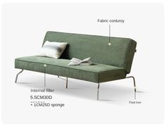 a green couch with its contents labeled