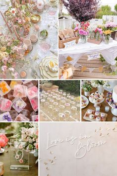 a collage of photos with flowers, candles and other things to decorate the table