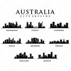 australia city skyline silhouettes in black and white with the names of all major cities