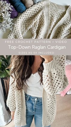 a woman standing in front of a pile of crocheted blankets with text overlay that reads, free crochet pattern video top - down rag cardigan