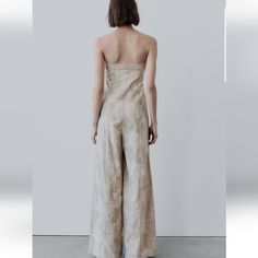 Linen Blend.... Summer Beige Wide Leg Pantsuit, Beige Wide Leg Summer Pantsuit, Fitted Beige Pantsuit For Spring, Elegant Beige Summer Pantsuit, Chic Beige Pantsuit For Summer, Chic Beige Evening Jumpsuits And Rompers, Elegant Beige Wide Leg Jumpsuits And Rompers, Elegant Fitted Beige Jumpsuits And Rompers, Zara Fitted Strapless Jumpsuit For Spring