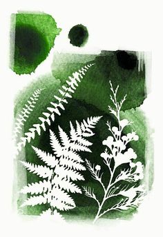 a green and white painting with leaves on it