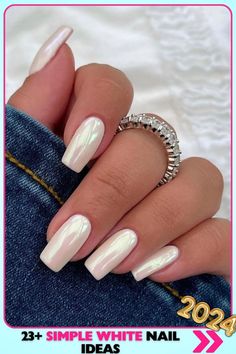 Square white nails with a pearlescent finish, made with gel. These luxurious, medium-length simple white nails are perfect for any occasion, offering a classy, elegant look. White Chrome Nails, Milky Nails, Nude Nail Designs, Winter Nails Acrylic, Nagel Tips, Work Nails, Sparkle Nails, White Nail