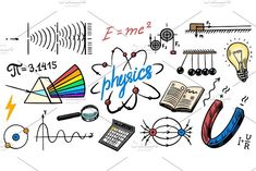 science doodles and symbols on a white background with the word physics written in it