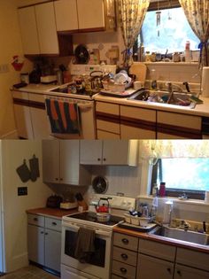 before and after pictures of a kitchen that has been cleaned