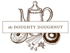 the doughnut shop logo with an image of a teapot, donuts and coffee beans