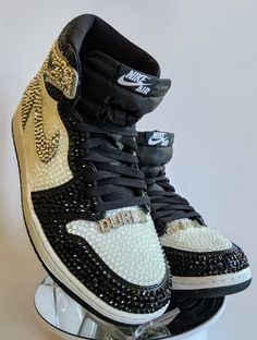 High-top Bling Sneakers For Streetwear, Silver High-top Sneakers With Bling, Silver High-top Sneakers With Rhinestones, White High-top Sneakers With Rhinestones, White Bling Lace-up Sneakers, White High-top Custom Sneakers With Rhinestones, White Embellished High-top Sneakers, White Custom Sneakers With Bling, Round Toe, White Custom Sneakers With Rhinestones And Round Toe