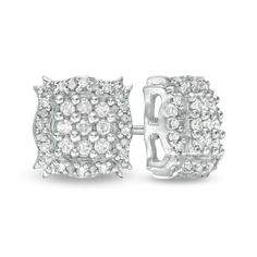 Top off any attire with these charming diamond stud earrings. Fashioned in sterling silver, each fanciful earring showcases a square-shaped composite of diamonds. The frame glistens with diamond-lined scroll ribbons for a unique look. Radiant with 1/4 ct. t.w. of diamonds and a brilliant buffed luster, these post earrings secure comfortably with friction backs. Silver Diamond Rectangular Earrings, Rectangular Silver Diamond Earrings, Rectangular Diamond Earrings In Silver, Silver Rectangular Diamond Earrings, Silver Diamond Earrings In Rectangular Shape, Silver Rectangular Classic Diamond Earrings, Classic Silver Rectangular Diamond Earrings, White Gold Rectangular Diamond Earrings, Rectangular Cubic Zirconia Diamond Earrings