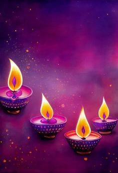 three purple candles with yellow flames on them