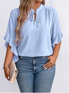 Celeste Casual Collar manga francesa Tela Geométrico Top Embellished No-Elástico Geometric Top, Ruffle Sleeve Blouse, Womens Tie, Neck Ruffle, Plus Size Blouses, Plus Clothing, Three Quarter, Baby Blue, Neck Tie