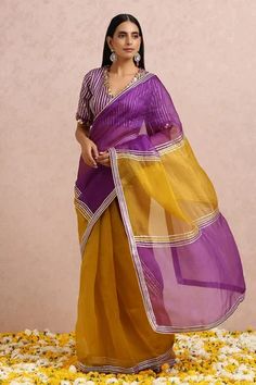 Shop for Label Nitika Yellow Organza Color Block Saree With Blouse for Women Online at Aza Fashions Purple Tissue Silk Pre-draped Saree With Sheer Dupatta, Purple Organza Pre-draped Saree With Dupatta, Purple Unstitched Cotton Silk Saree, Unstitched Purple Cotton Silk Saree, Purple Semi-stitched Cotton Silk Saree, Purple Semi-stitched Cotton Silk Traditional Wear, Purple Cotton Silk Saree With Cutdana, Unstitched Purple Cotton Silk Blouse Piece, Designer Cotton Silk Purple Saree