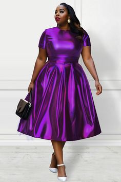 Xpluswear Design Plus Size Party Midi Dresses Elegant Silver Fall Winter Crew Neck Short Sleeve Fold A-Line Metallic Glitter Fabric Midi Dresses Womens Purple Dress, Purple Church Dress, Plus Size Purple Dress, Purple Dress Formal Classy, Plus Size Gala Dress, Purple Dress Outfit, Purple Plus Size Dresses, Purple Dress Outfits, Cocktail Dresses With Sleeves