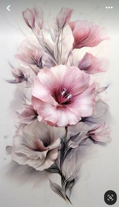 an artistic painting of pink flowers on a white background