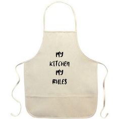 an apron with the words my kitchen is rules written in black ink on white background