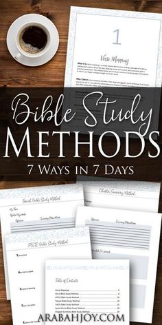 the bible study method is shown on top of a table with coffee and paper work