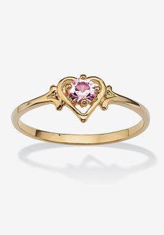 Surprise them with a lovely heart-shaped ring personalized with their very own birthstone. Little and big girls alike will love it in Gold-Plated.Main Stone: 1 Round Faceted Cut Simulated Birthstone, 8 mm x 8 mm14k Gold-PlatedShank Width: 1.5 mm wideDimensions: 17 mm wide x 6 mm long x 3 mm highIncludes gift box and drawstring pouch available in sizes 5-10 | Women's Yellow Gold-Plated Simulated Birthstone Ring by PalmBeach Jewelry in June (Size 6) Gold And Pink Ring, Gold Promise Rings For Her, Birth Stone Rings, Unique Gold Jewelry, Birthstone Promise Rings, Gold Promise Ring, Heart Jewellery, Heart Rings, Birthstone Rings