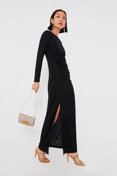 A classic beauty to add to your closet, the Black Nicole Dress is a perfect staple that you will come back to time and time again. The slim long sleeves allow for year-round wear, and the asymmetrical ruching at the side of the waist is ultra-flattering and effortlessly elevates your look. Pair this magificent maxi with heels and a clutch for a party, or style it with flats and some statement jewelry for a sophisticated ensemble. Round neckline Slim long sleeves Concealed back zip closure Ruched Gold Gauges, Neckline Slimmer, Designed Shoes, Loeffler Randall, Classic Beauty, Shoes And Accessories, Crossbody Strap, Statement Jewelry, Come Back