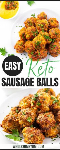 keto sausage balls on a white plate with parsley