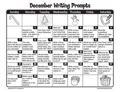 a december writing calendar with words and pictures on the page, which are in black and white