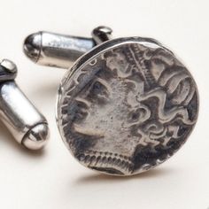 "VACATION notice: October 1-22 Shipping will resume upon my return: 1st come 1st served basis In the meantime, feel free to contact me with questions, I will be checking in frequently Handcrafted sterling silver jewelry - roman coin cufflinks If you believe in enjoying the fruits of your labors and you know how to paint the town red, you want these on your wrists :) Cast in sterling silver from vintage replicas of ancient Roman coins, I gave these history-steeped babies a nice oxidized patina fo Mens Accessories Necklace, Mens Accessories Vintage, Mens Cufflinks, Wedding Cuff Links, Ancient Roman Coins, Wedding Cuff, Antique Coins, Roman Coins, Cufflink Set