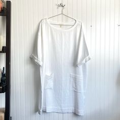 In Gorgeous Like-New Condition 2 Front Pockets Cuffed Sleeves Size Xl Chest: 26” Length: 39” Relaxed Fit Tunic Dress Unlined, White Relaxed Fit Tunic Dress, White Relaxed Fit Dress With Pockets, Oversized Short Sleeve Dress For Brunch, Oversized White Dress With Pockets, Pleated Tiered Dress, Gauze Tunic, Mandarin Collar Dress, Eileen Fisher Dress