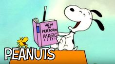 a cartoon dog holding a sign that says peanuts on it's chest, with the words how to perform magic tricks