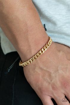 Throwdown Gold - Paparazzi Accessories Mens Bracelet Gold Jewelry, Man Gold Bracelet Design, Sliding Knot Bracelet, Adjustable Sliding Knot, Paparazzi Accessories Jewelry, Sliding Knot Closure, Gold Curb Chain, Mens Gold Jewelry, Jewelry Bracelets Gold