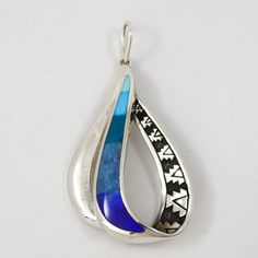 Cast Sterling Silver Raindrop Pendant with Mosaic Inlaid Turquoise and Lapis. 1.5” Width, 2.625” Height Zuni Jewelry, Concho Belt, Navajo Jewelry, Native Jewelry, Pendant Rings, Rain Drops, Black Stone, Art Clothes, Earring Necklace