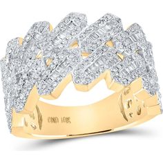 GND 10K Yellow Gold Baguette Diamond Link Band Ring with Channel and Pave Set Diamonds - 1.00 Carat Total Diamond Weight Baguette Cut Diamond, Elegant Ring, Size 10 Rings, Baguette Diamond, Men's Rings, Delicate Necklace, High Quality Jewelry, Band Ring, Colored Diamonds