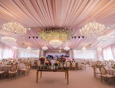 a banquet hall with chandeliers, tables and chairs