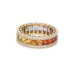 Dainty Rainbow Band Ring, Full Eternity Band, Gold Stacking Ring, Natural Sapphire Stackable Ring, Multicolor Ring, Sapphire & Diamond Ring Item Description  Metal : 925 sterling silver  Style : Art Deco Main Stone  : Multi Sapphire Stone Shape : Princess Stone Size : 3mm Color : Multi Color Stone Weight : 4.80Ct (Approx.) Silver Weight : 1.50 gm ( approx. ) This Ring Is Available In All Sizes Perfect for Wedding, Engagement, Cocktail, Party, Anniversary, Birthday, Christmas, Valentine's Day, St Rainbow Band, Gold Stacking Ring, Rainbow Gemstones, Ring Sapphire, Sapphire Band, Rainbow Jewelry, Multi Sapphire, Eternity Band Ring, Gold Ring Stack