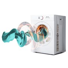 an image of a washing machine with blue and green items in it's front