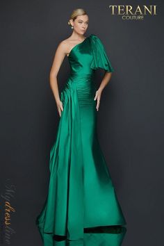 Looking for a gorgeous gown to make a statement at your next formal event? Check out the 2011E2044 from Terani Couture. This elegant one-shoulder dress features a draped bodice, bow accent, and ruched skirt. It's made from a luxurious taffeta fabric that's sure to turn heads. Couture Evening Dress, Couture Looks, Terani Couture, Sleeveless Gown, Dress Images, Mermaid Skirt, Mermaid Evening Dresses, Mermaid Gown, Elegant Dresses Long