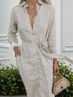 Olivia Mark - Graceful Solid Color Waist Belted Shirt Dress and Maxi Skirt Collar Shirt Dress, Button Shirt Dress, Laced Up Shirt, Womens Sheath Dress, Elegant Midi Dresses, Collared Shirt Dress, T Dress, Dress Sash, Dress Sleeve Styles