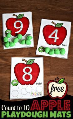 three apple playdough mats with the number eight on them and an apple in the middle