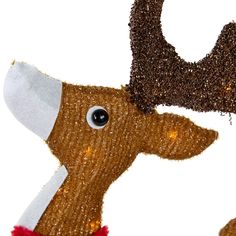 a close up of a reindeer head with lights on it