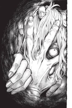 a black and white drawing of two hands covering the face of a woman's head