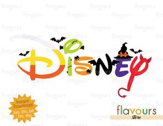 the disney logo with bats and pumpkins is shown in multicolored letters on a white background